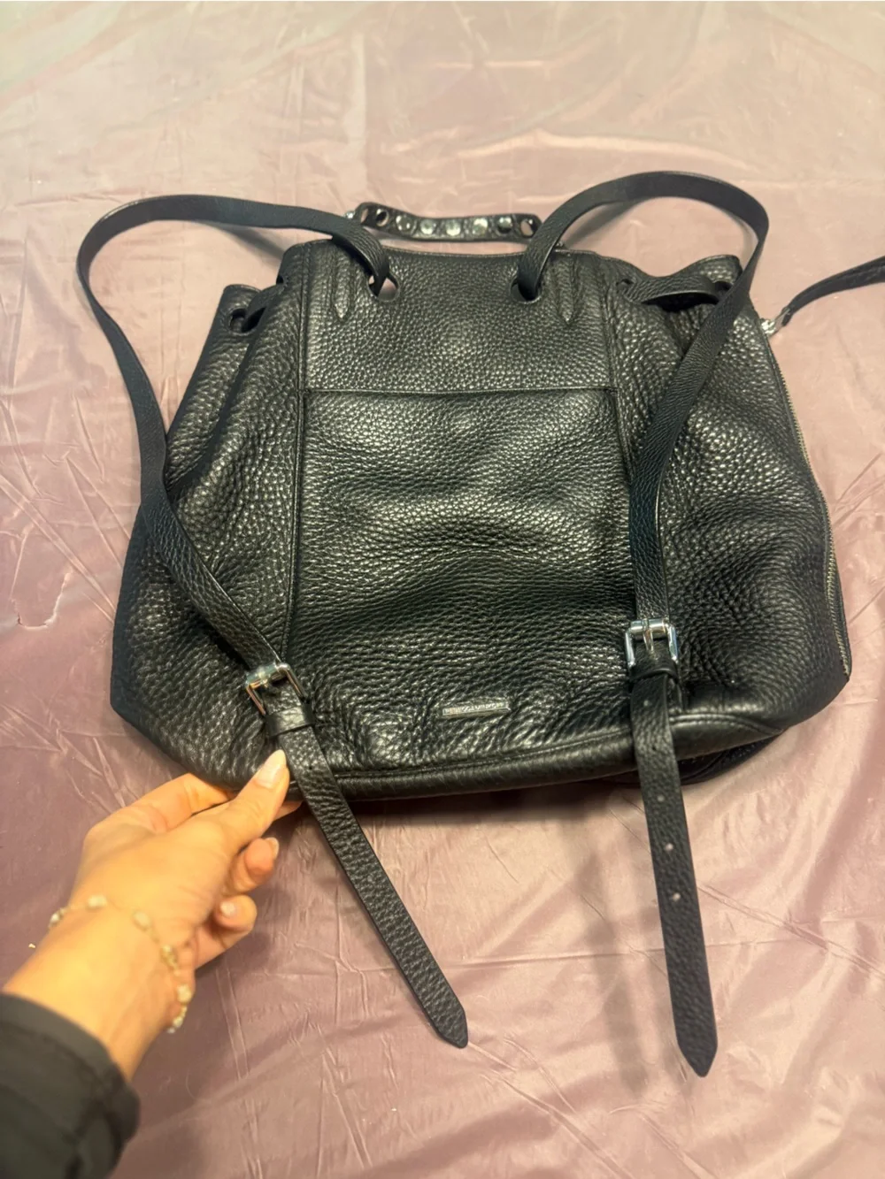 Rebecca Minkoff Blythe Black Leather Drawstring Backpack Silver Hardware $325